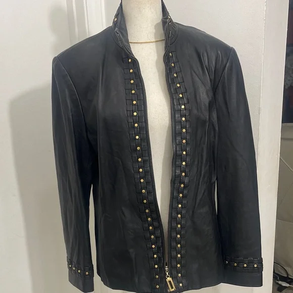 Black ST JOHN SPORT Leather Jacket with Gold Accents - Picture 2 of 9